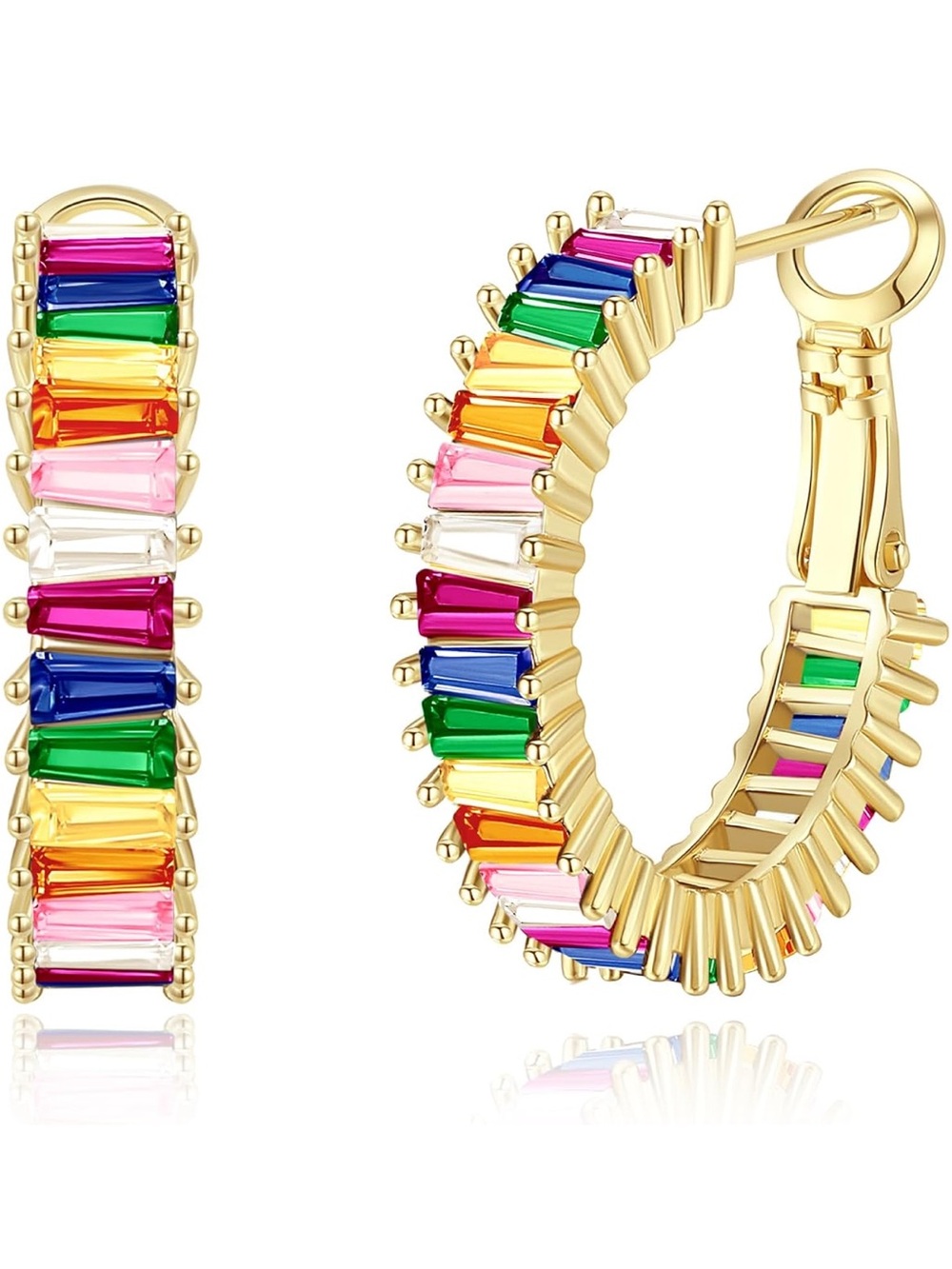 Anthropologie Gold Hoop Earrings with Rainbow Baguette Stones